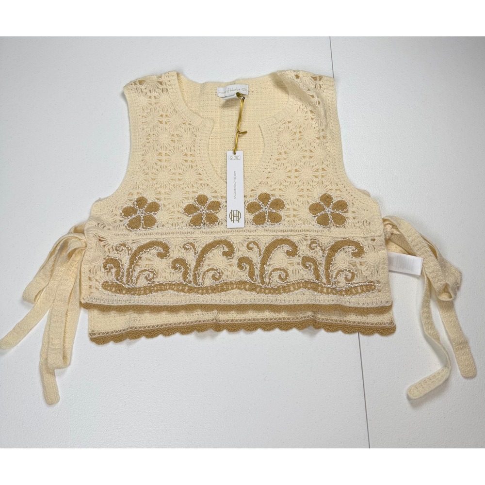 House of Harlow 1960 Crochet Knit Beaded Crop Vest Cream Tan One Size NEW